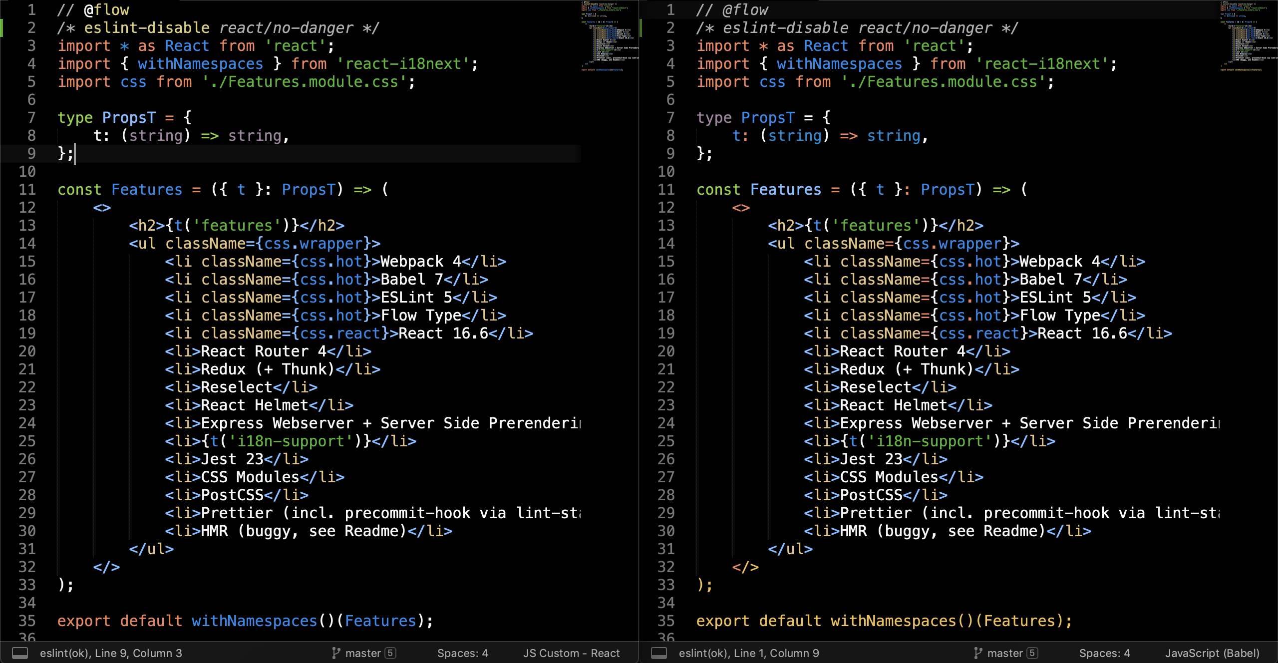 left: JS Custom — React / right: JavaScript (Babel)